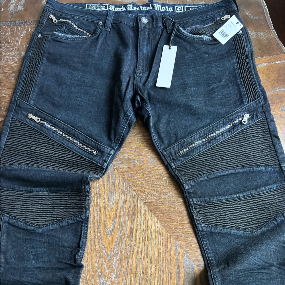 Rock Revival Dk Blue Moto Frady Skinny Jeans with Ribbed Knee Panels